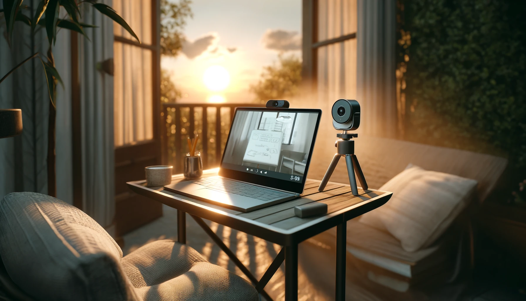 a cozy outdoor remote work setup at sunset, with a lightweight laptop on a portable desk, a high-quality webcam attached, and soft, diffused lighting.